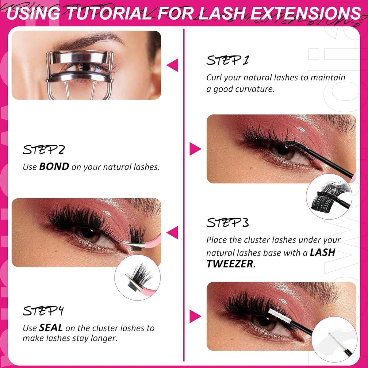 DIY lash extension tutorial showing curler, bond, and cluster lash placement steps