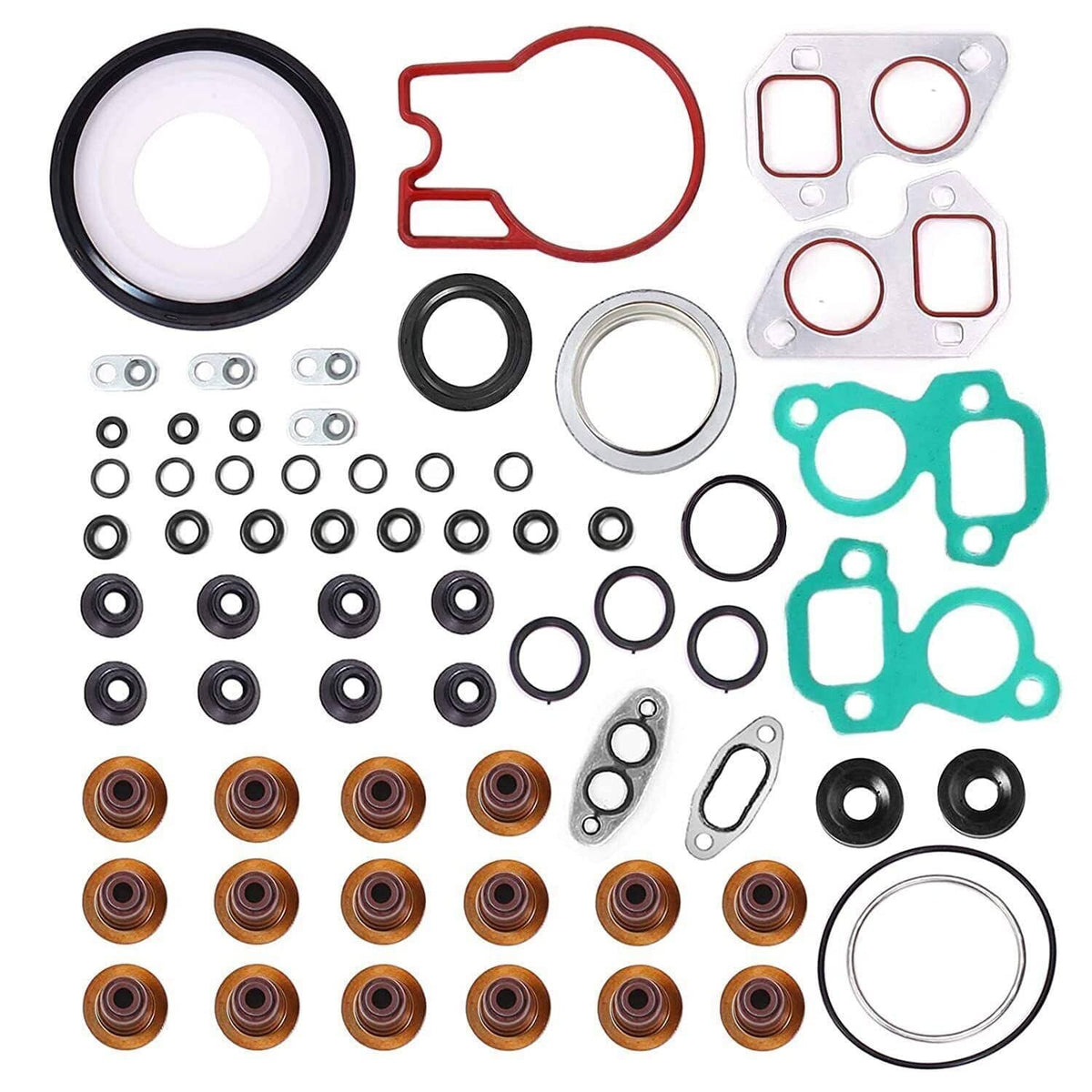 Cylinder head gasket kit with round seals, O-rings, and assorted small gaskets