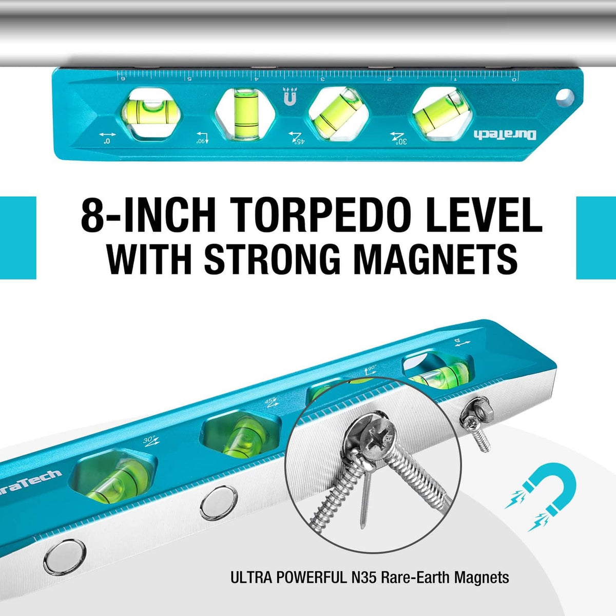 DURATECH 8-inch torpedo level with strong magnets and green vials