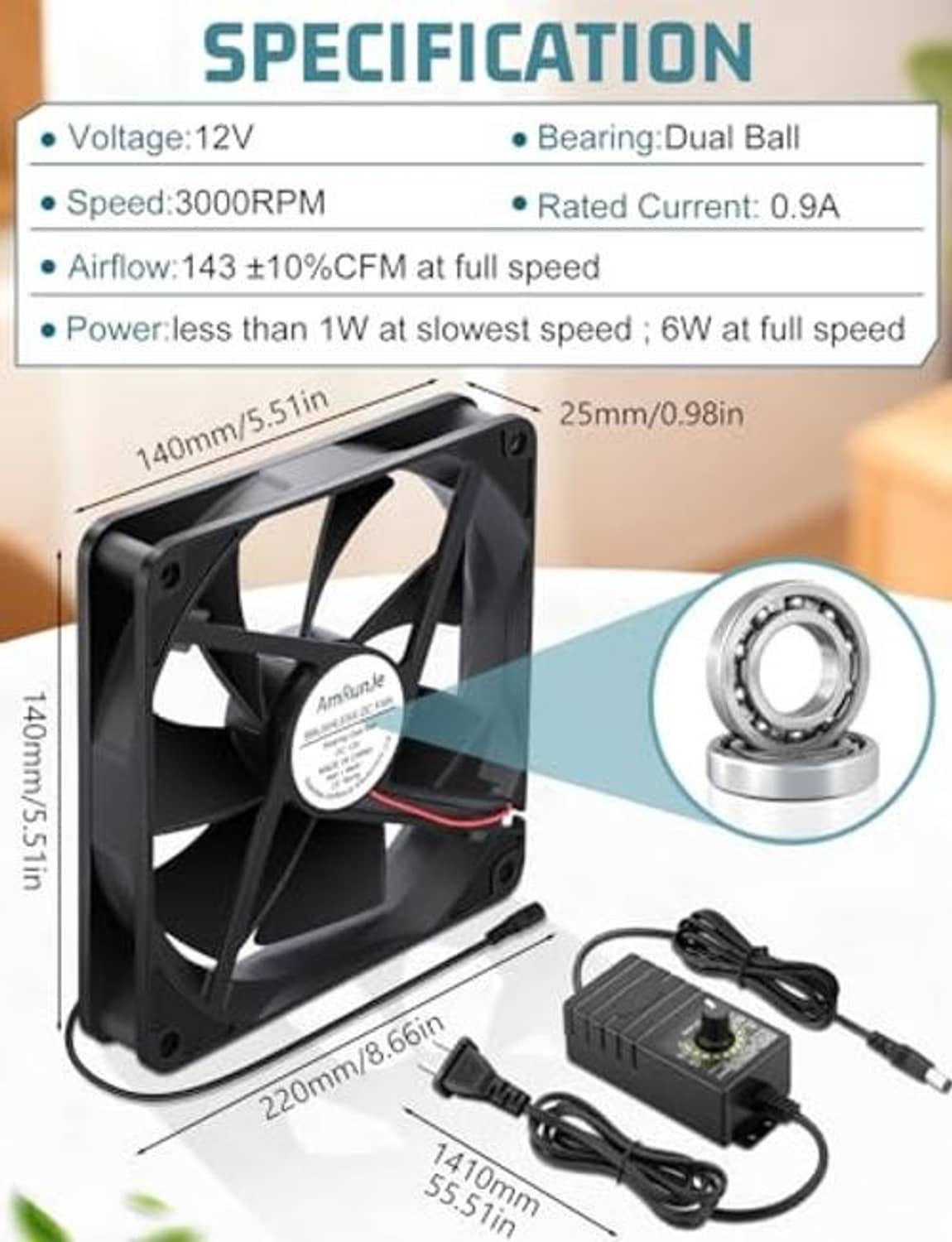 Black 140mm computer cooling fan with speed controller and dimension diagram