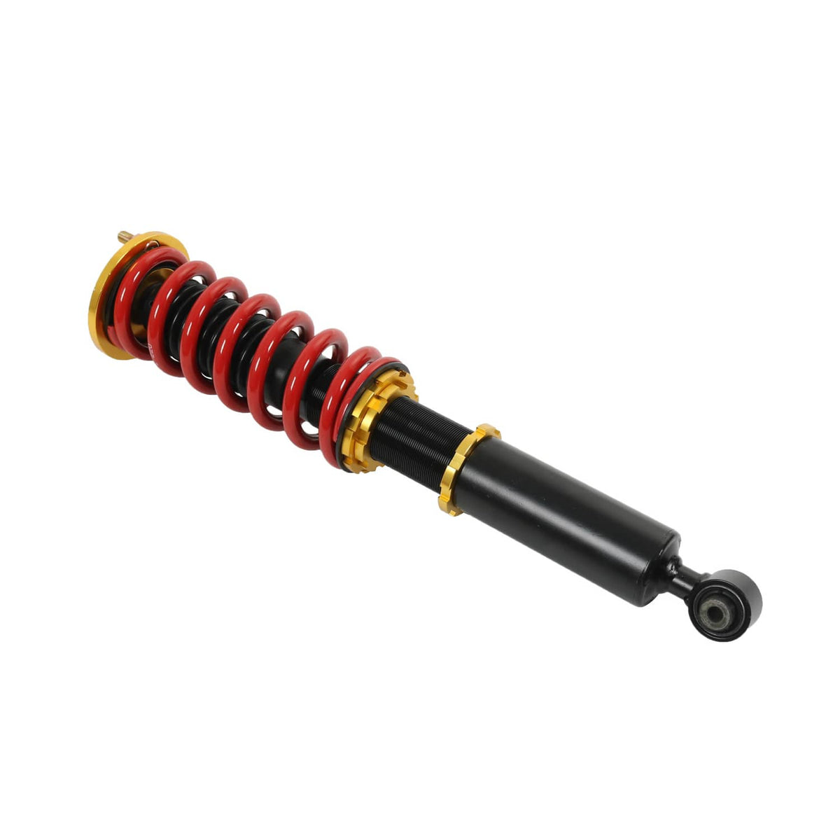 Adjustable coilover shock with red coil spring, black body, and gold top mount