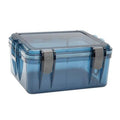 Blue watertight box with clear lid and corner latches, compact carry case