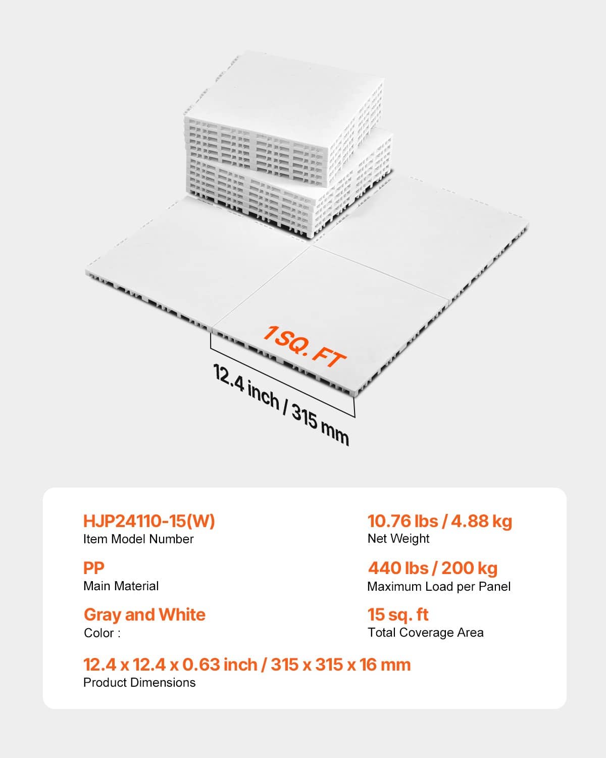 Gray and white interlocking mat tile set with 12.4 in dimensions and coverage