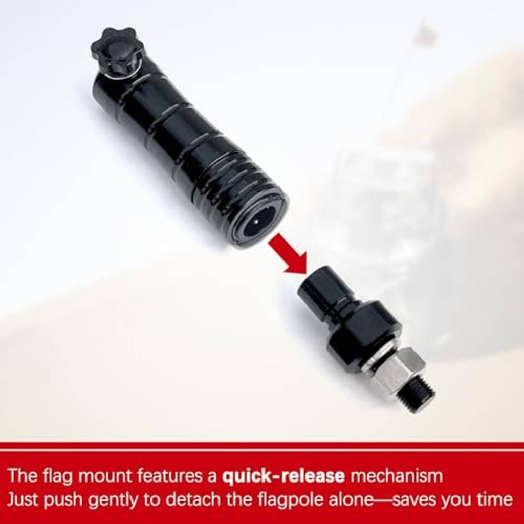Black quick-release flag mount with threaded pole insert and metal locking piece.