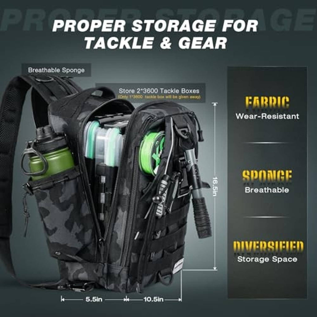 Black camouflage fishing backpack with open compartments holding tackle boxes and bottles