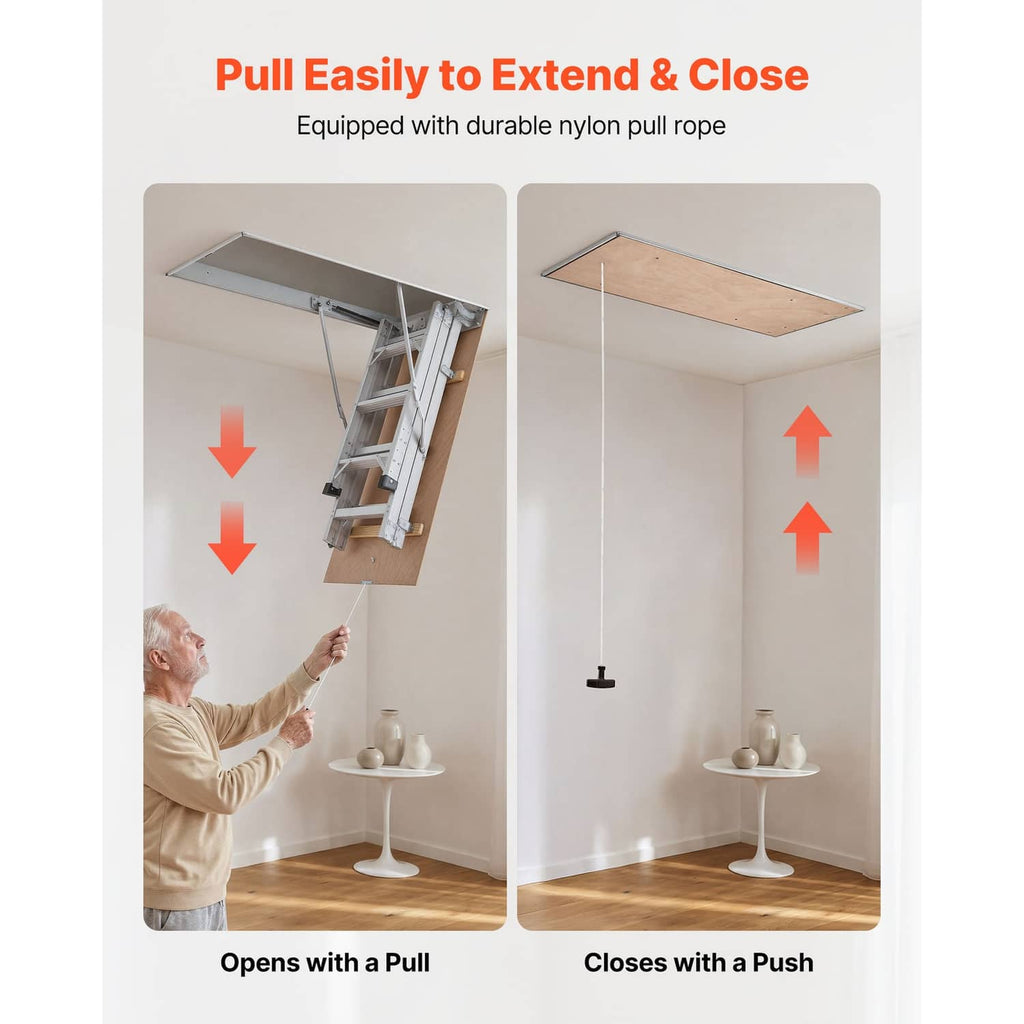 Aluminum folding attic ladder with pull rope for opening and push-close hatch