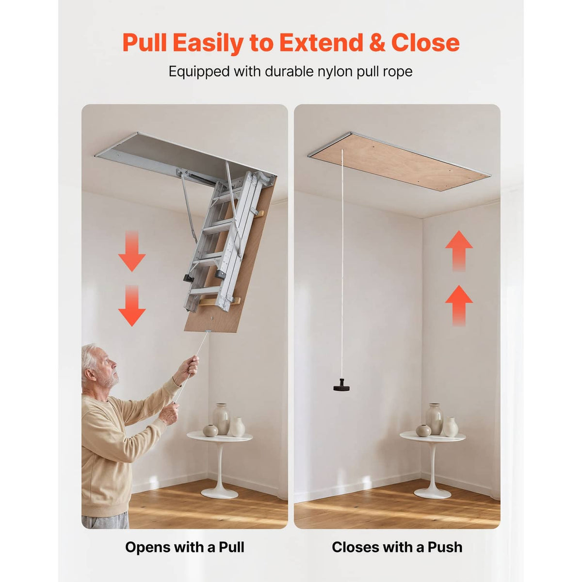Aluminum folding attic ladder with pull rope for opening and push-close hatch