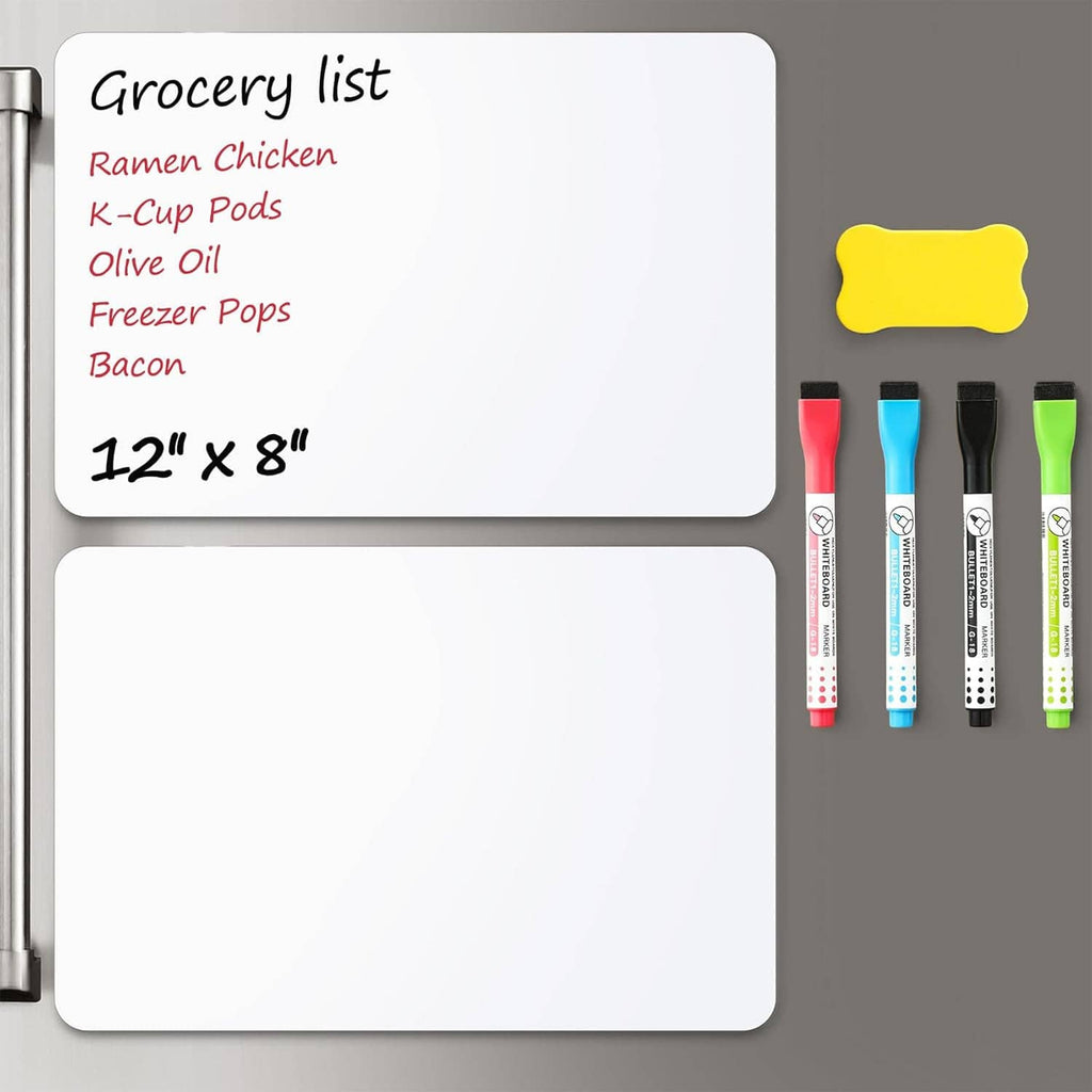 Two magnetic dry erase fridge boards, 12 x 8 in, with 4 colored markers