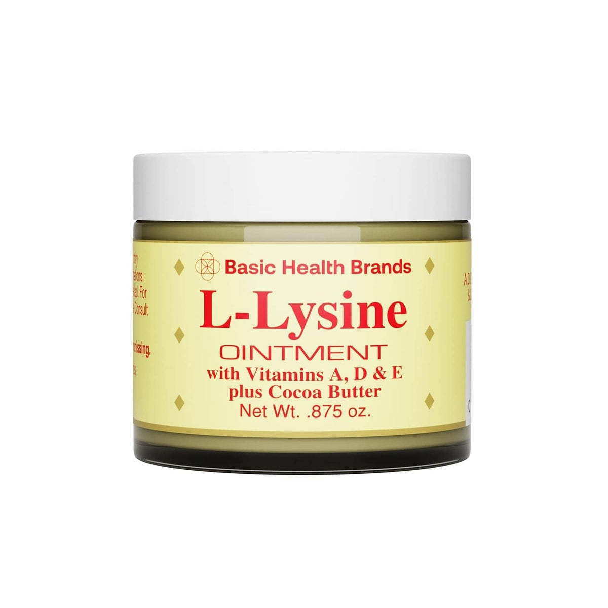 L-Lysine ointment jar with white lid and gold label, Basic Health Brands