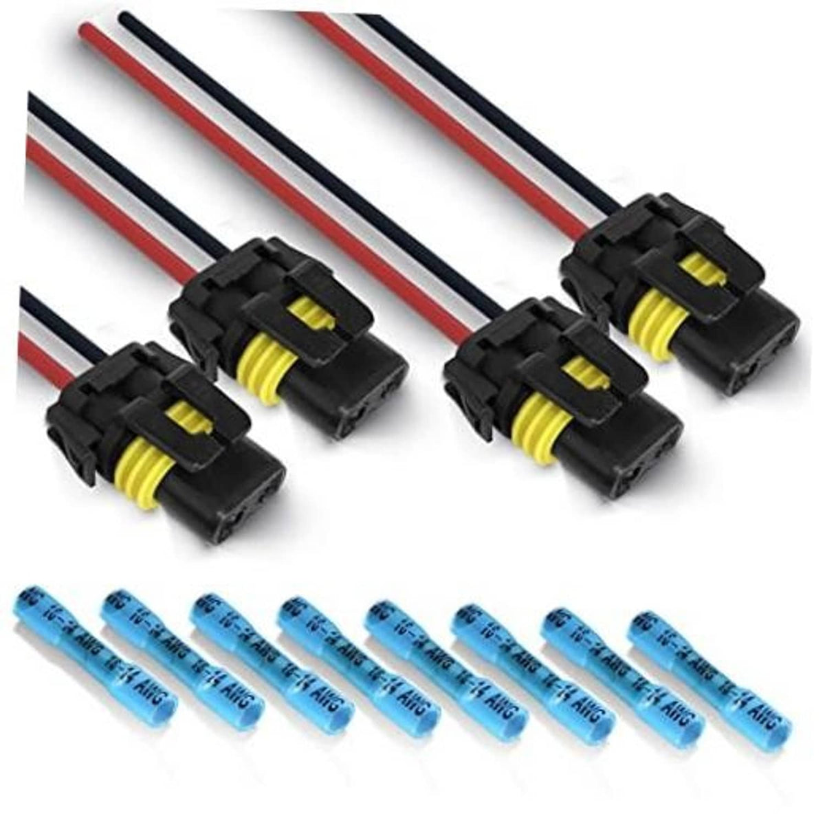 Set of female headlight plug pigtail sockets with black connectors and red/black wires