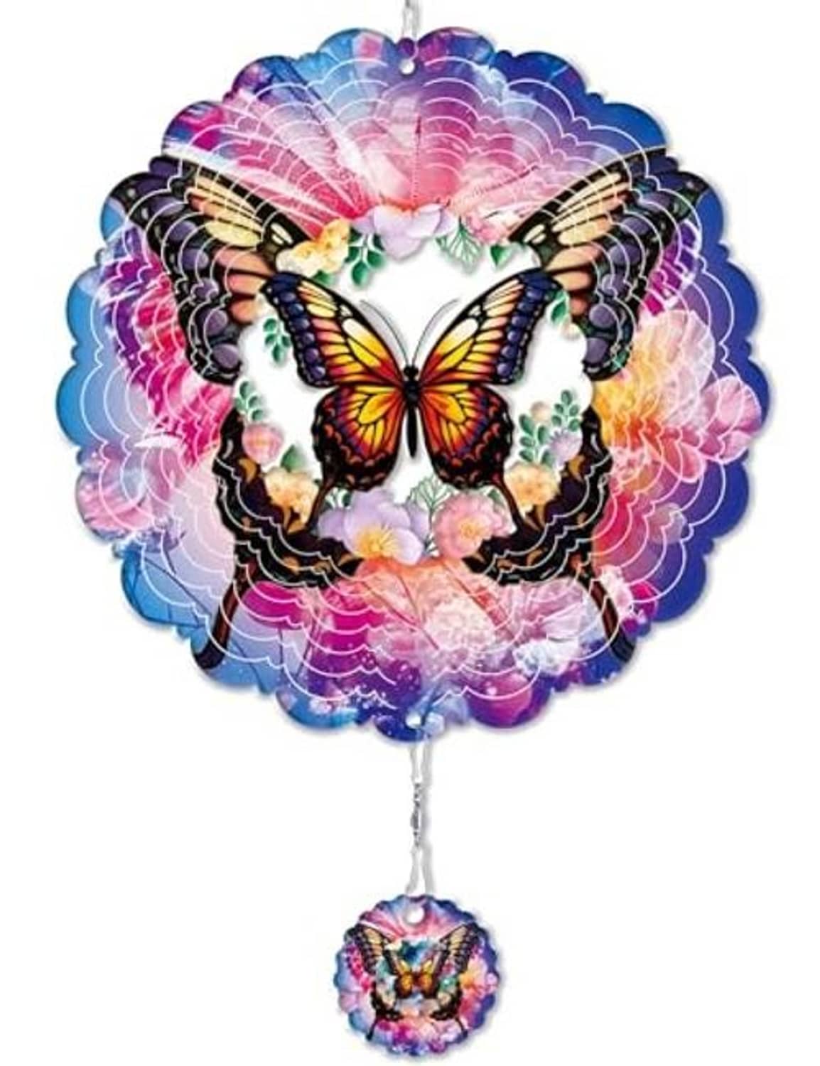 Butterfly wind spinner with purple, pink, and blue layered metal blades