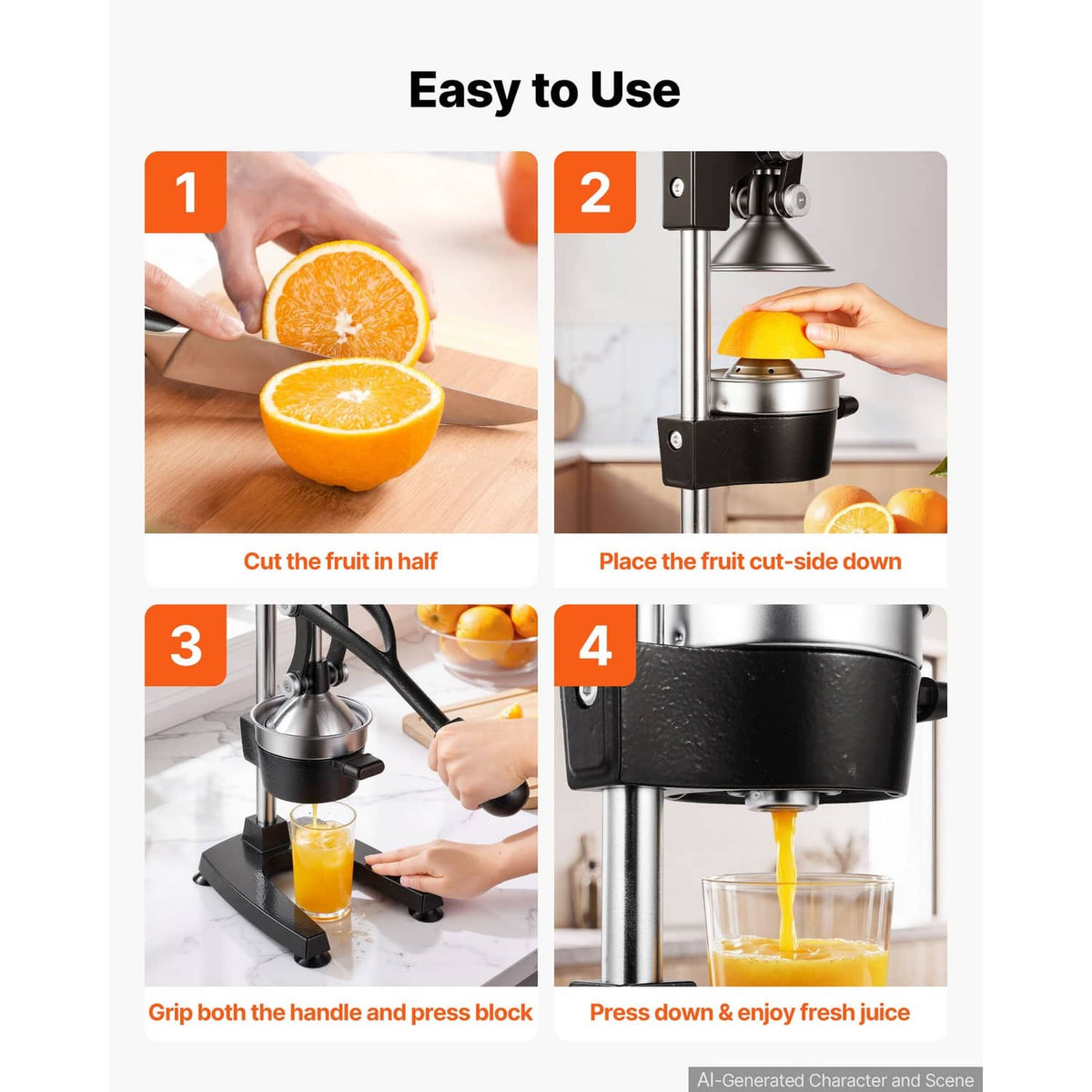 Manual citrus juicer press with handle and pressing block for fresh juice extraction