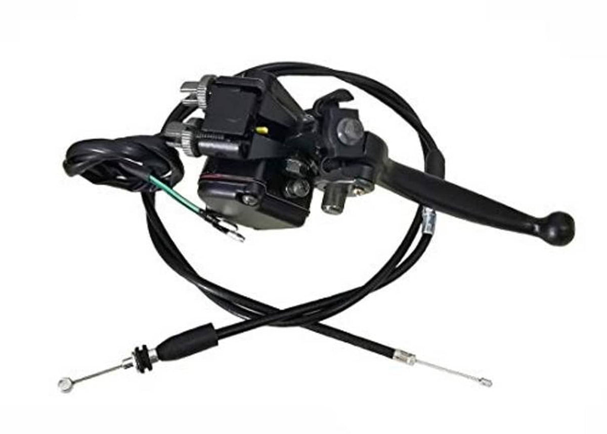 Black thumb throttle lever assembly with dual brake levers and two brake cables