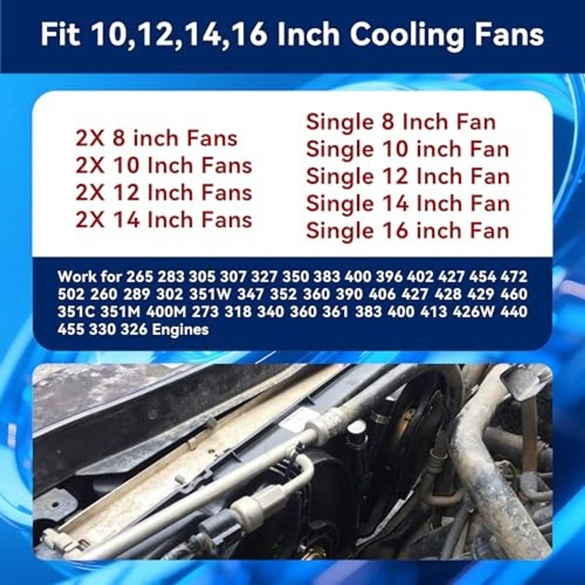 Cooling fan compatibility chart card listing fan sizes and engine fitment options