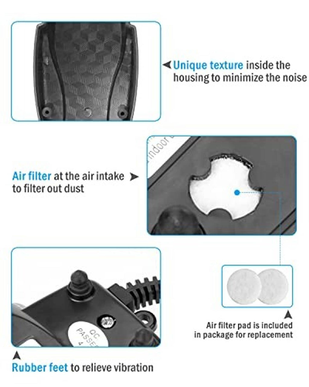 Aquarium air pump housing cutaway showing air filter pad and rubber feet