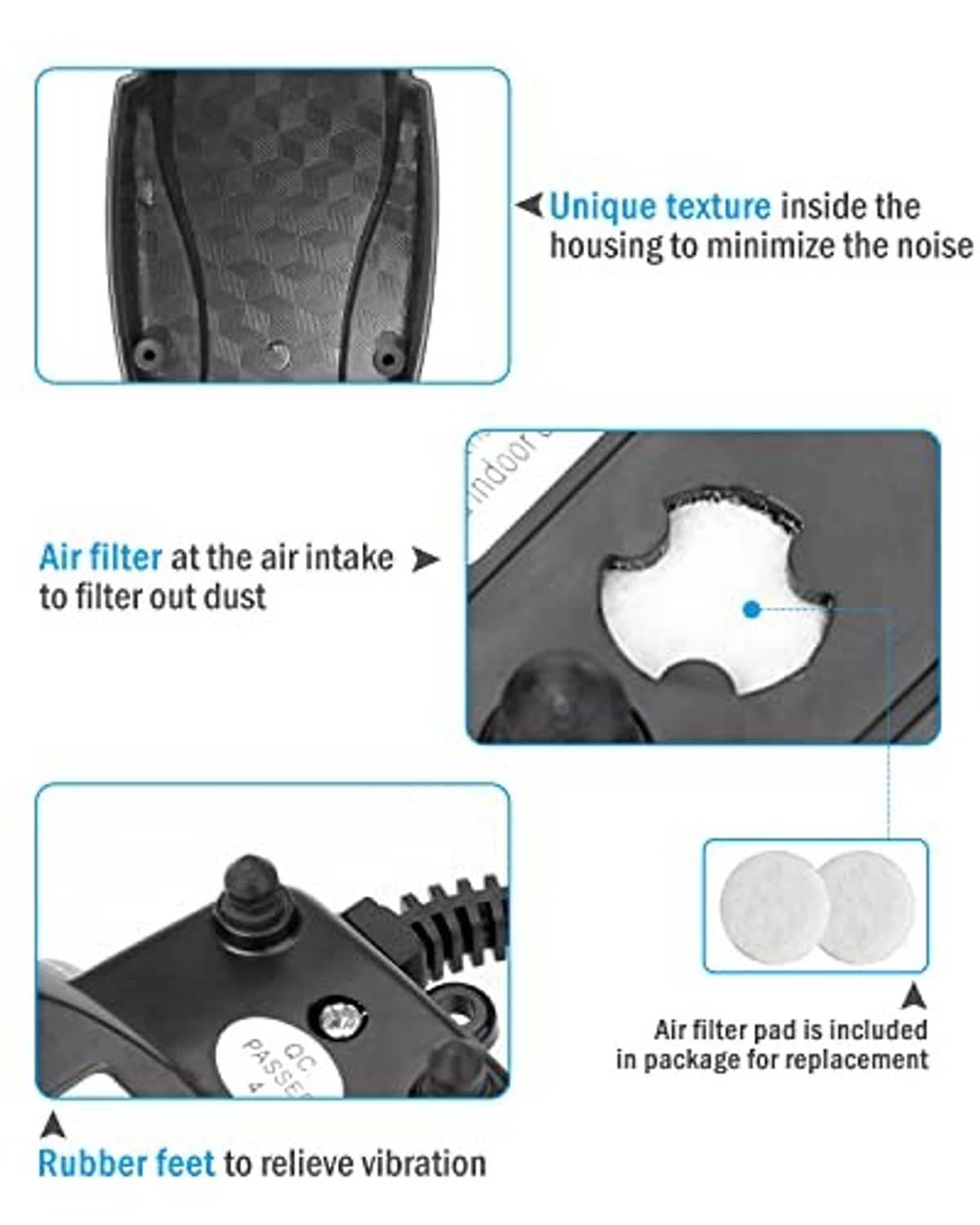 Aquarium air pump housing cutaway showing air filter pad and rubber feet