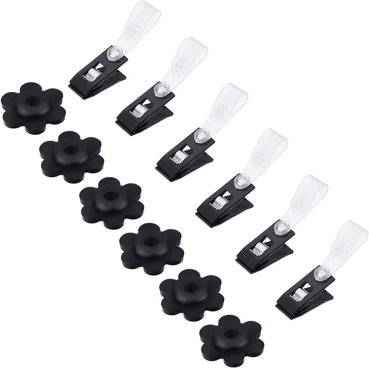Black flower-shaped rubber stoppers and black garden flag clips with clear caps