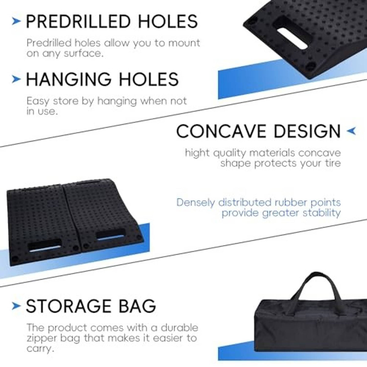 Rubber tire saver ramp with predrilled and hanging holes; concave anti-slip design, bag.