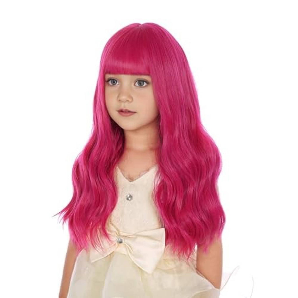 Kids hot pink long wig with bangs, front-facing wavy style