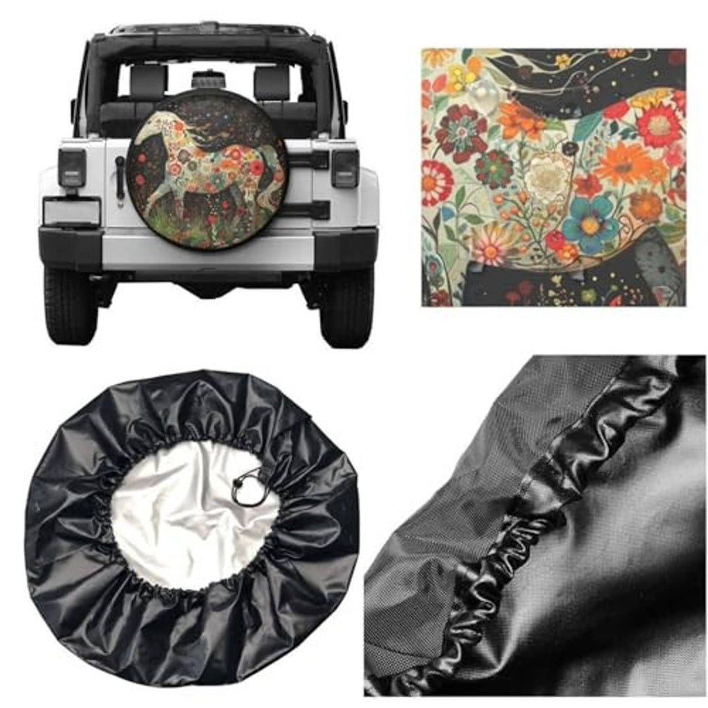 Spare tire cover with floral horse print, plus black fabric material close-up