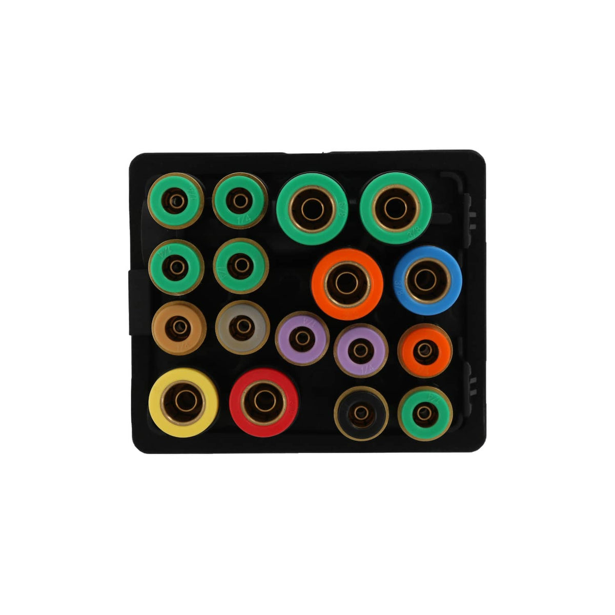 Air manifold connector panel with multicolor ports on black rectangular base