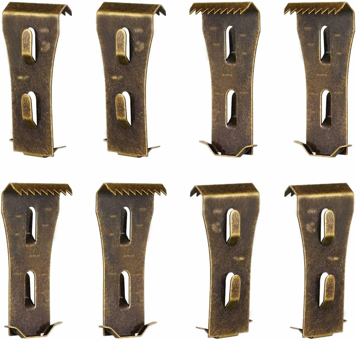Eight-pack bronze metal brick hanger clips with two oval slots and serrated gripping ends
