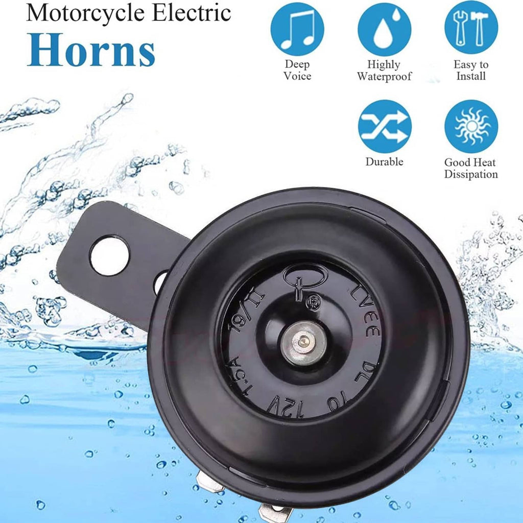 Black 12V waterproof electric horn with mounting bracket, round diaphragm face.
