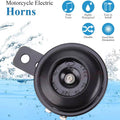 Black 12V waterproof electric horn with mounting bracket, round diaphragm face.