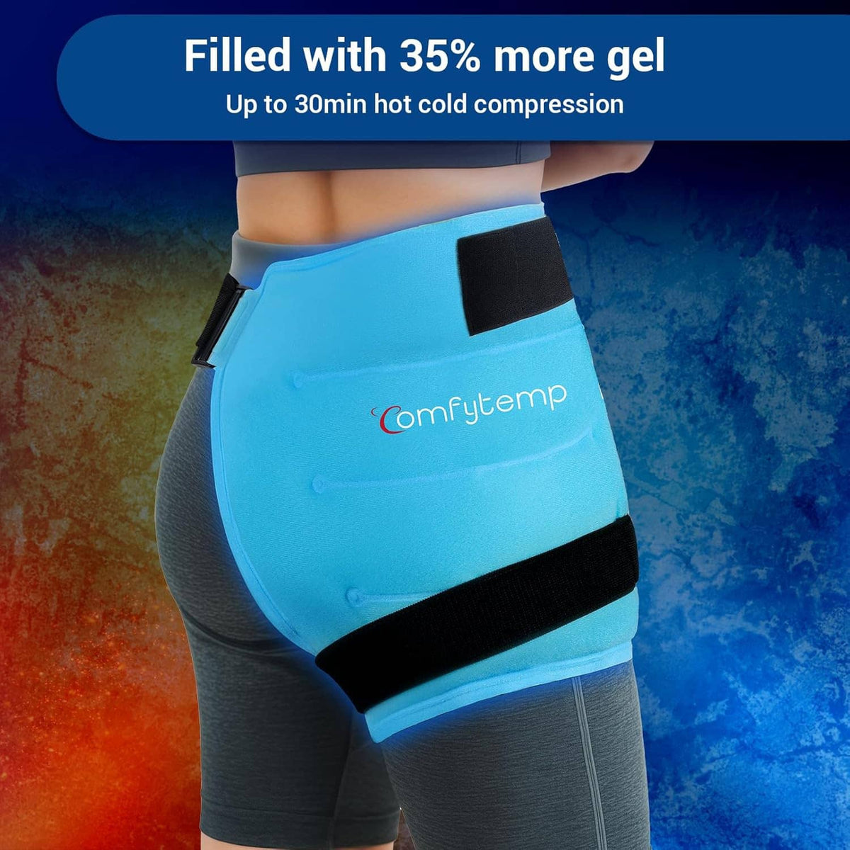 Light blue hip ice pack wrap with black straps, gel panel close-up