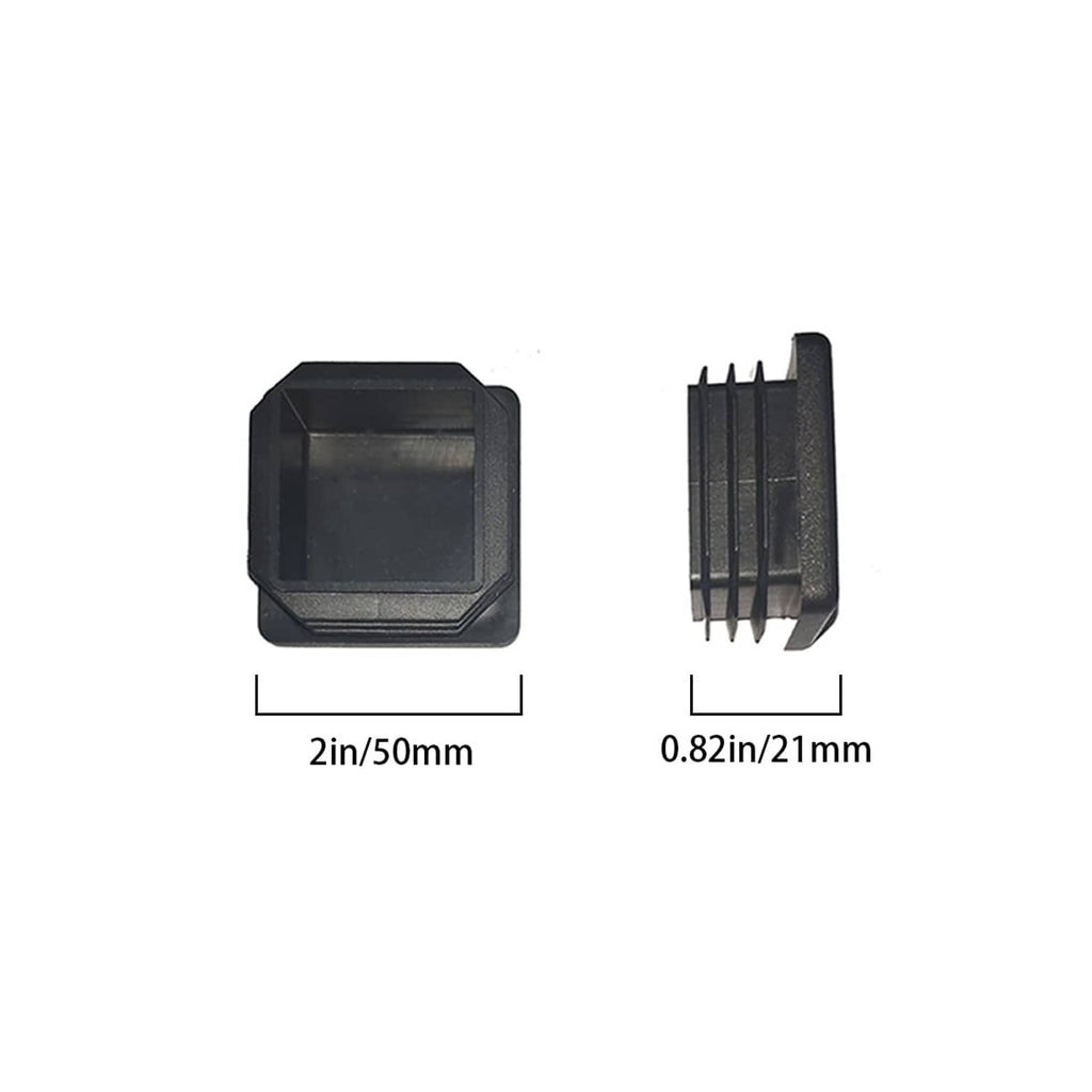 Black square plastic tubing end cap, 2 in (50 mm) size view and side profile