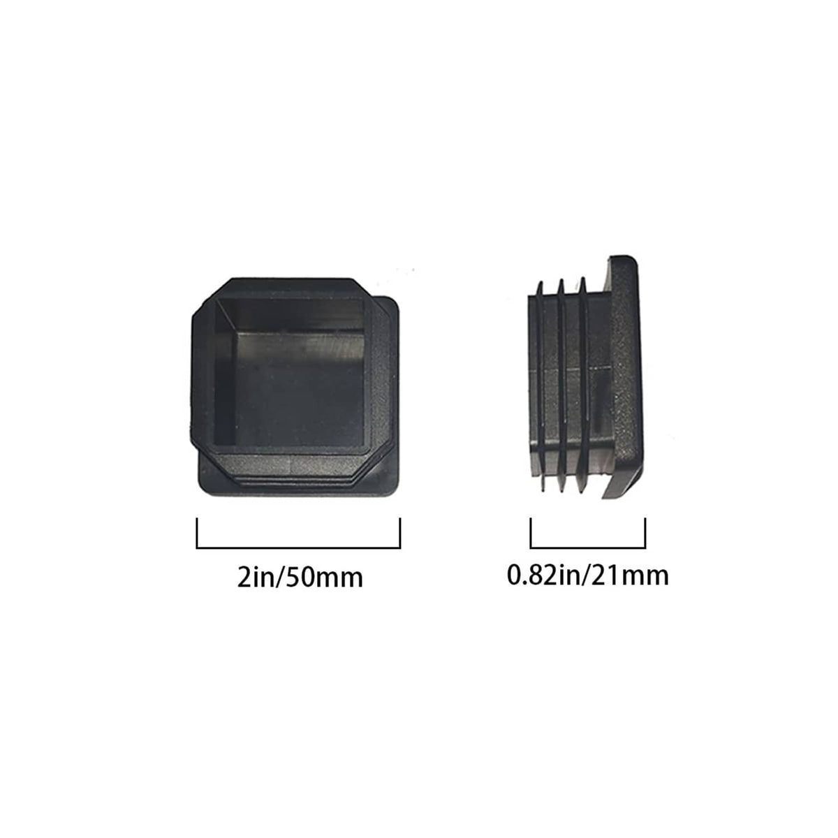 Black square plastic tubing end cap, 2 in (50 mm) size view and side profile