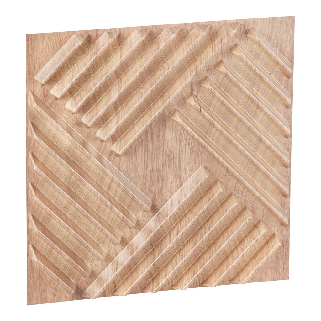 Light wood square 3D PVC wall panel with raised straight slat pattern.