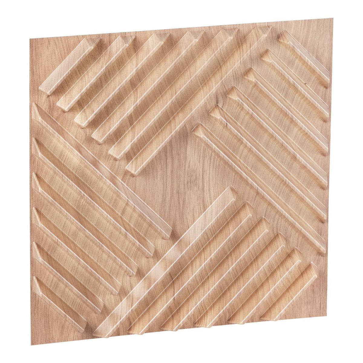 Light wood square 3D PVC wall panel with raised straight slat pattern.