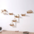 Wall-mounted cat shelf set in natural wood with multiple jump platforms and a scratching post