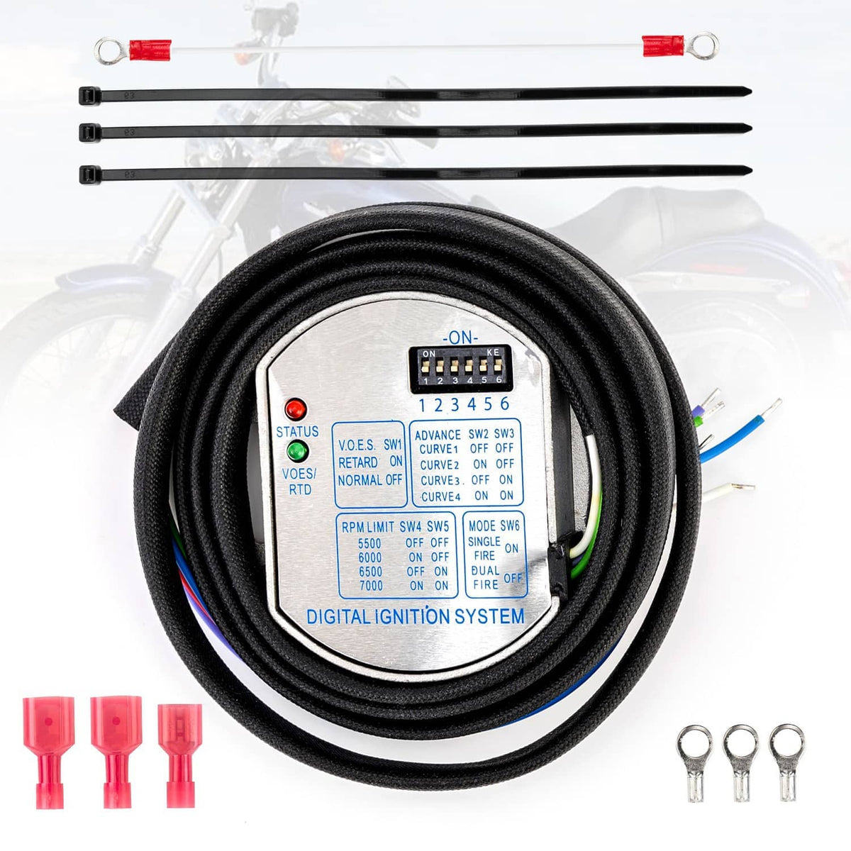 Digital ignition system module with black coiled harness, terminals, and wiring rods