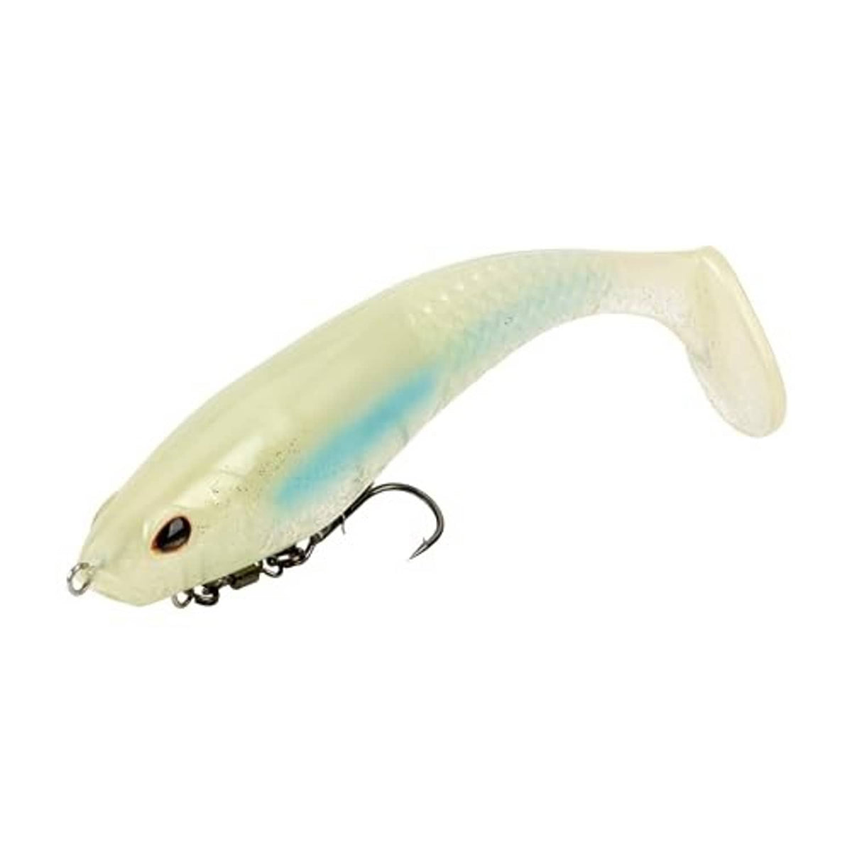 Teal-silver soft plastic swim bait with black treble hooks