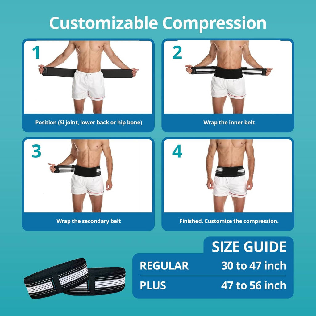 Black adjustable compression belt with inner and secondary wrap steps for customizing