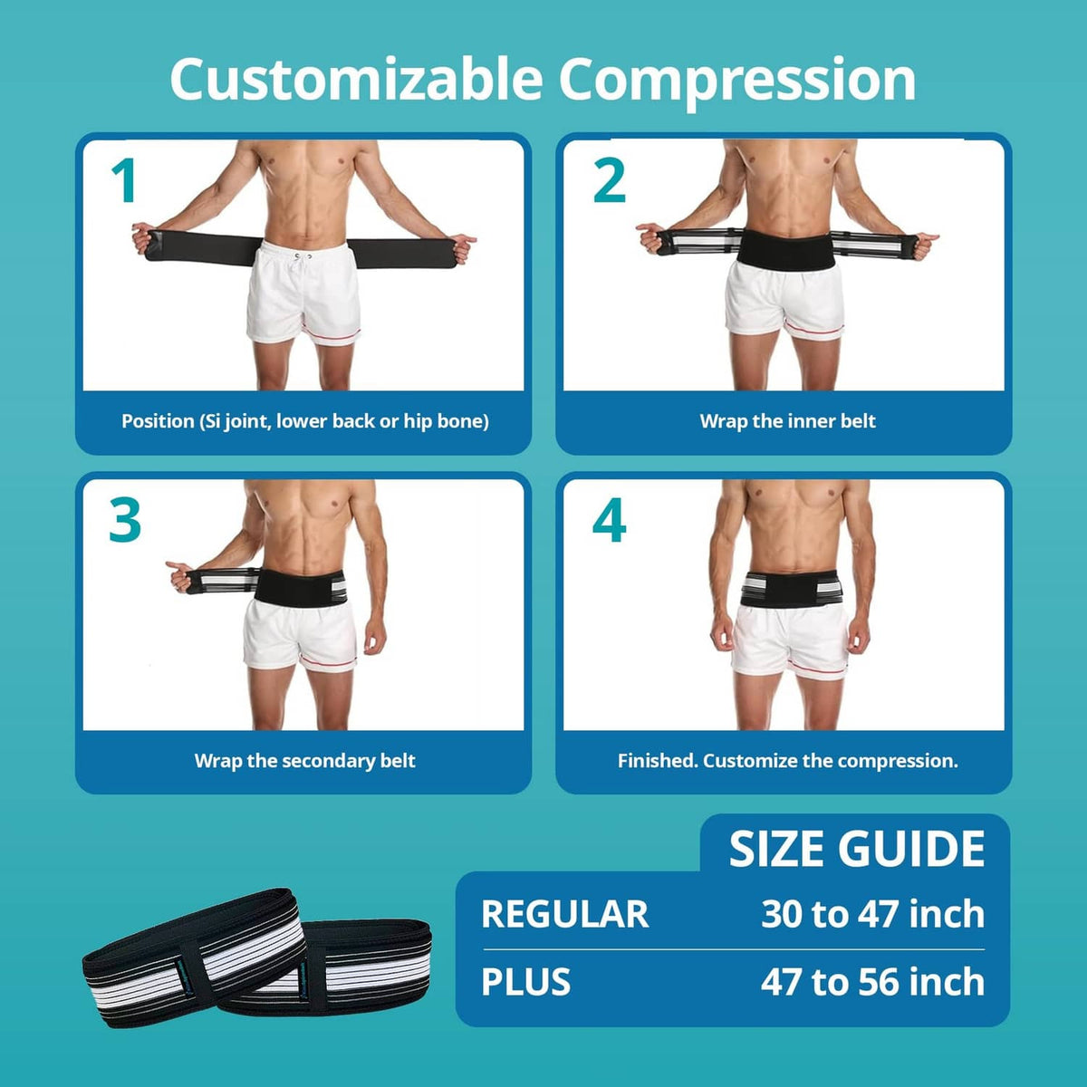 Black adjustable compression belt with inner and secondary wrap steps for customizing