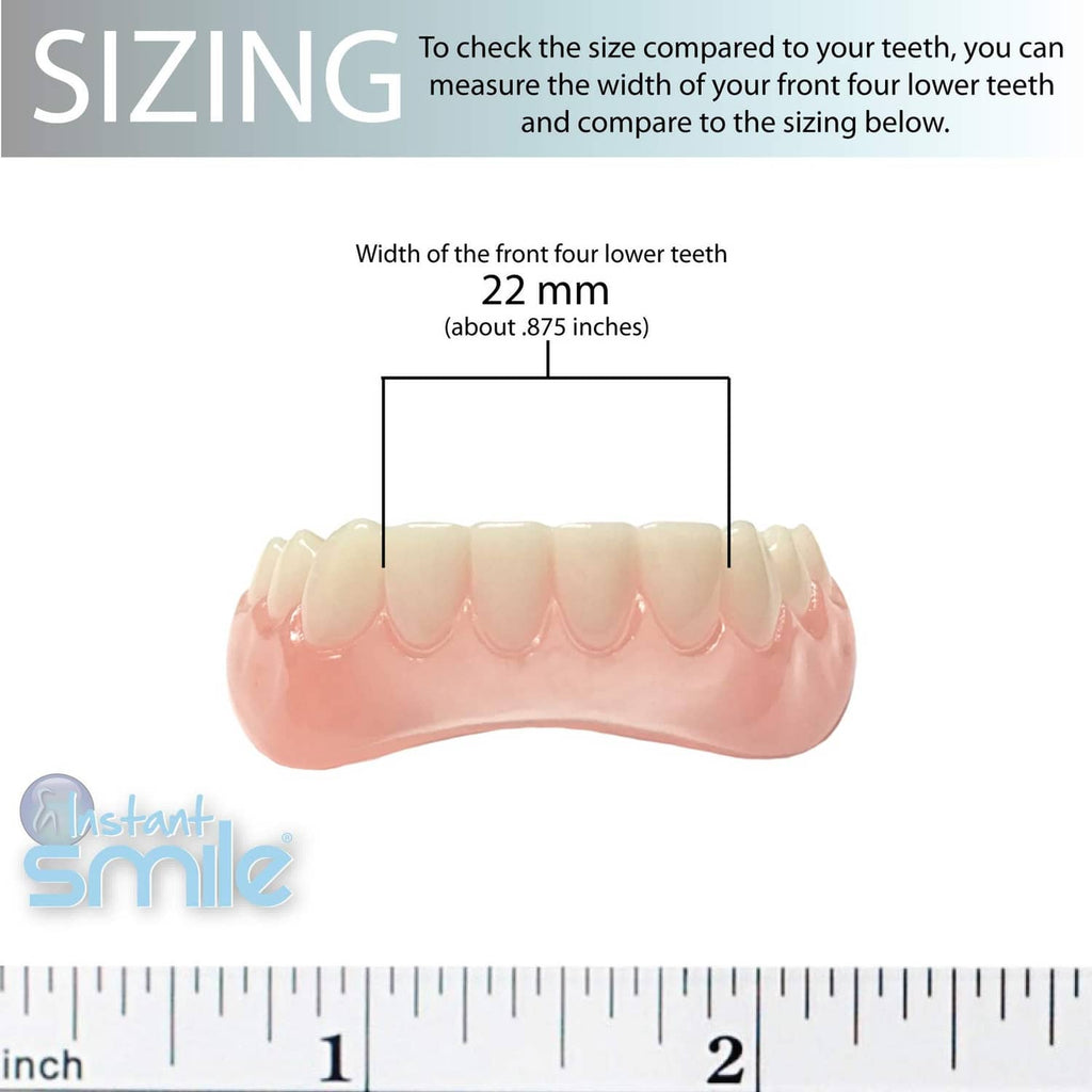 Cosmetic lower teeth sizing guide showing 22 mm width across front four lower teeth.