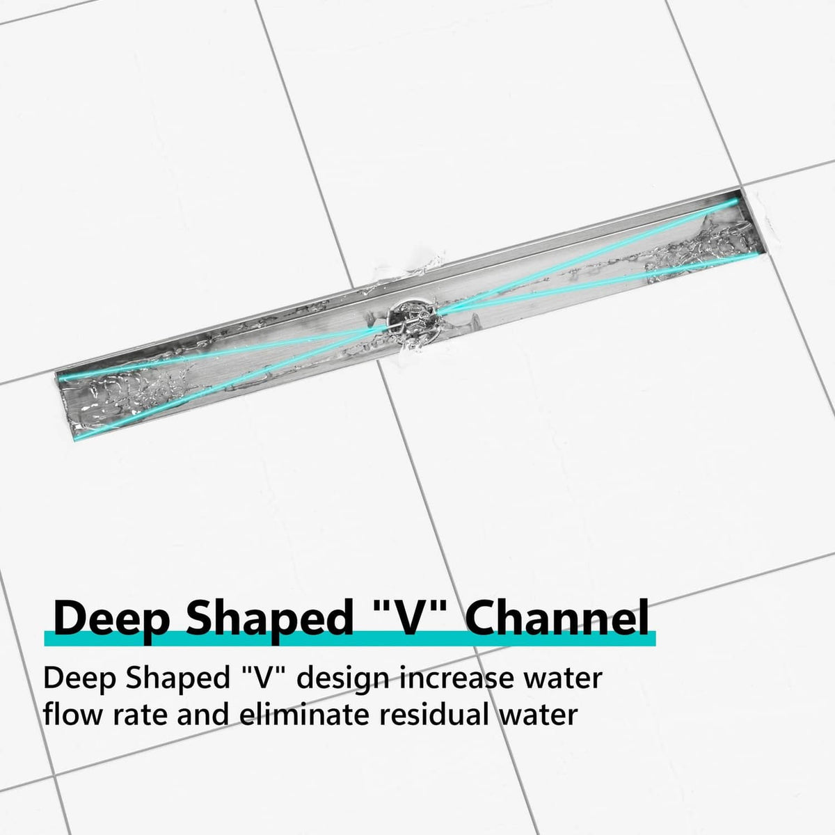 Linear shower drain channel with sealed edge detail at a tile floor opening