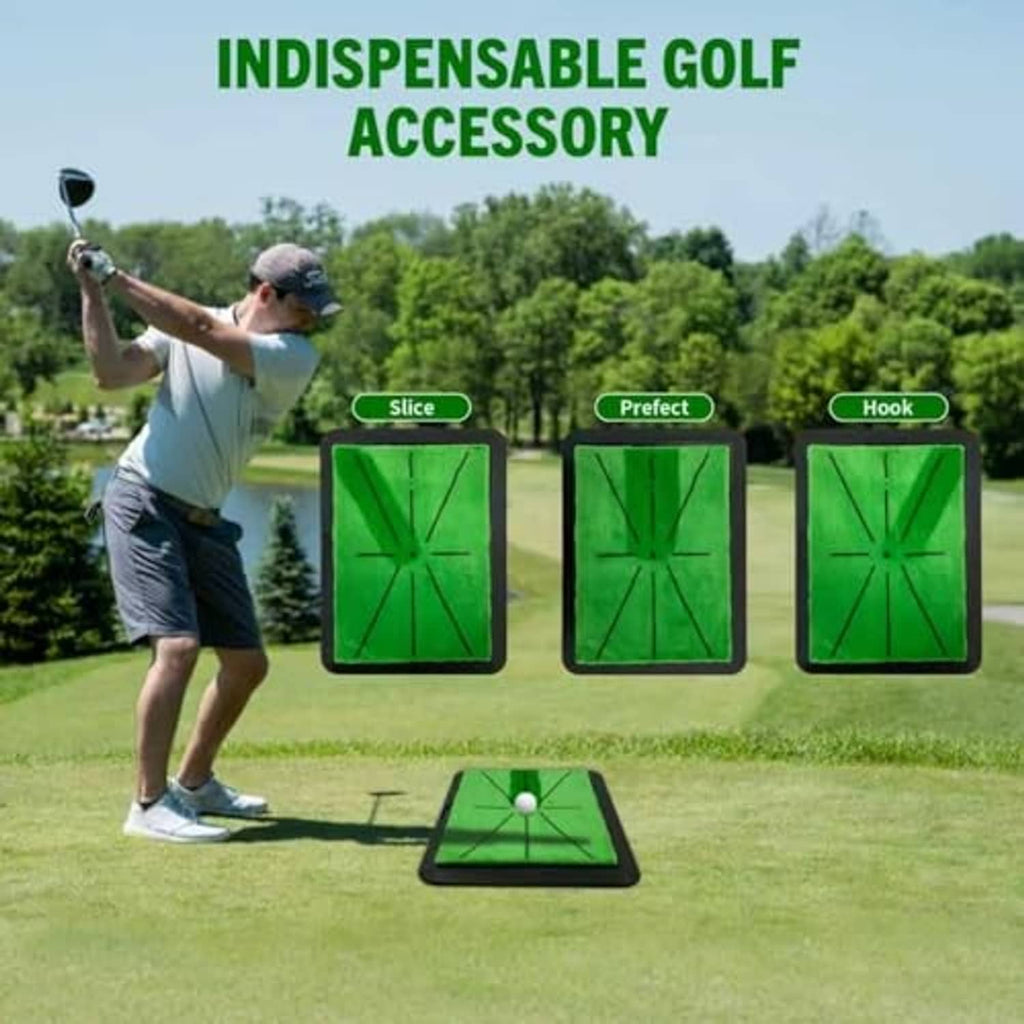 Golfer practicing on green swing-tracking mat outdoors with turf hitting surface
