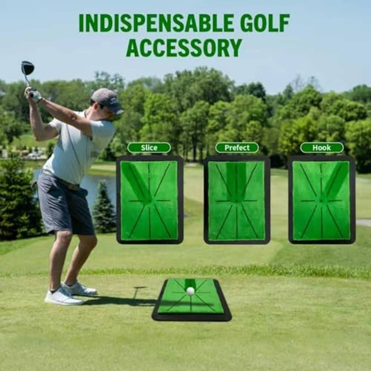 Golfer practicing on green swing-tracking mat outdoors with turf hitting surface