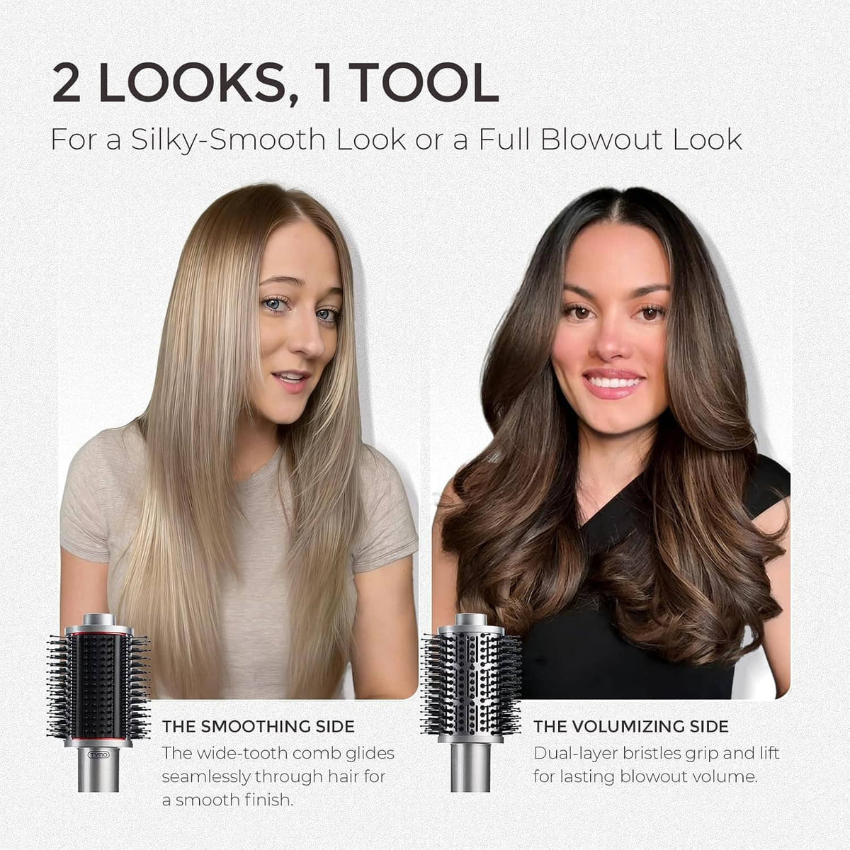 Dual-sided hair blow dryer brush with smoothing and volumizing bristle sections