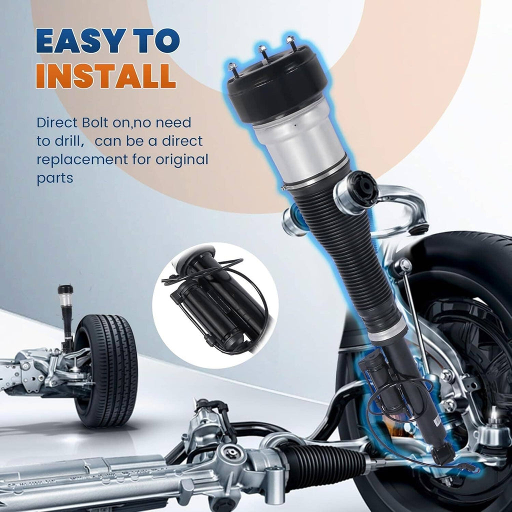 Air suspension strut with upper mounting and ribbed dust boot.