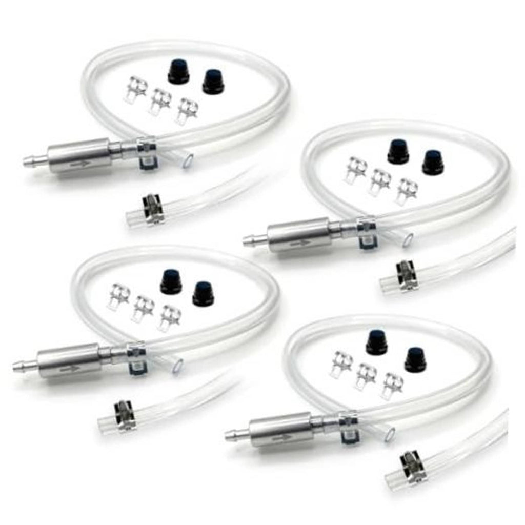 Brake bleeder kit set with clear hoses, metal fittings, clamps, and reservoir caps