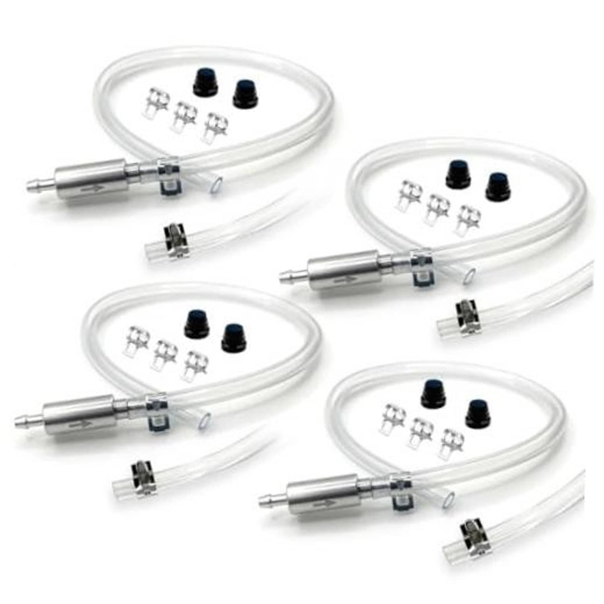 Brake bleeder kit set with clear hoses, metal fittings, clamps, and reservoir caps