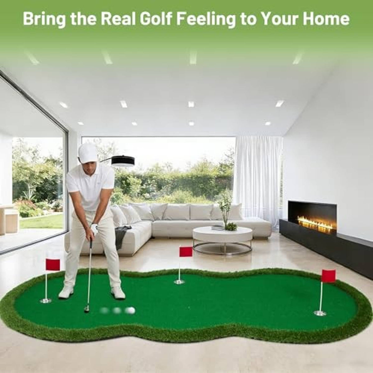 Indoor green golf putting mat on floor with red flag putting holes
