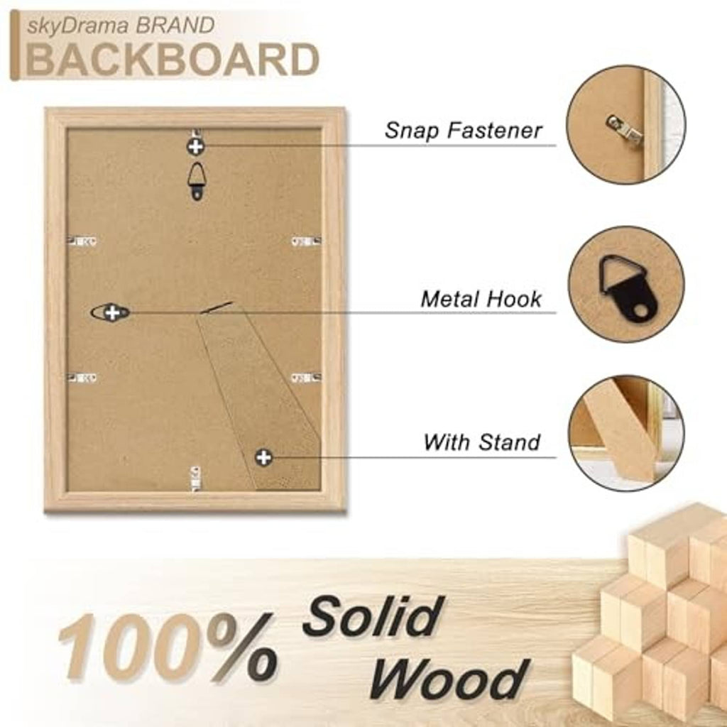 Solid wood picture frame back with snap fastener, metal hook, and built-in stand