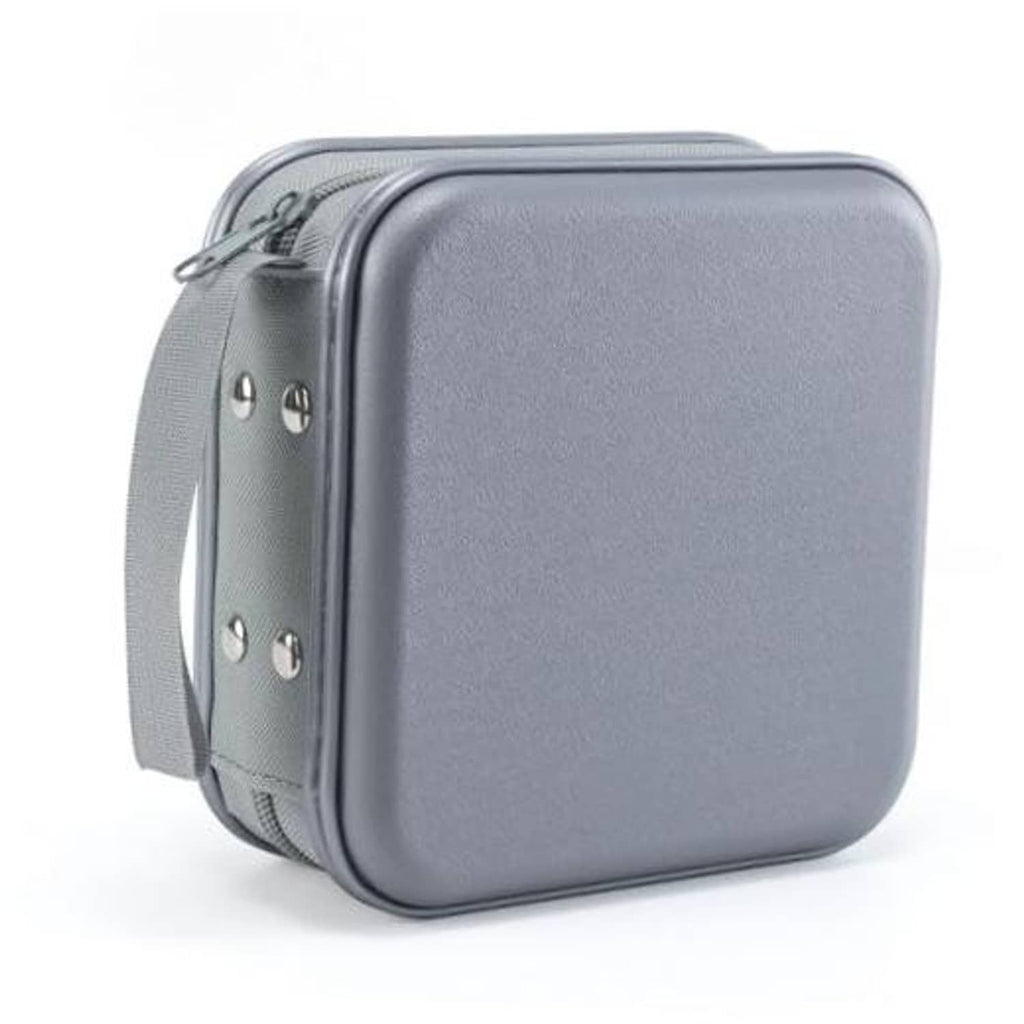 Gray hard plastic DVD case with carrying strap and zipper closure for discs