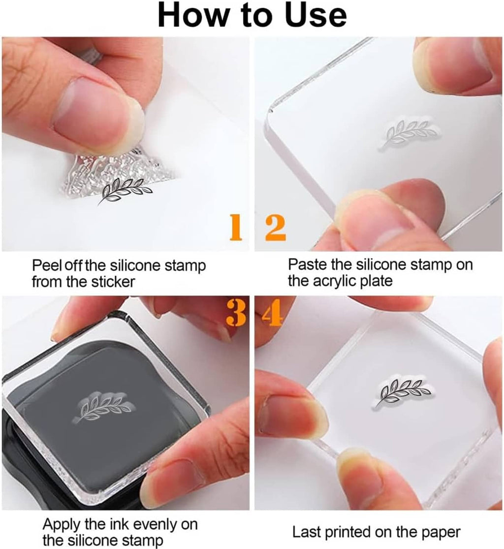 How-to steps for peeling and applying a silicone stamp onto an acrylic plate